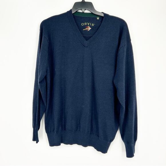 Men's Orvis Merino Wool V-Neck Sweater Navy Blue Size XL Long Sleeve Preppy - Picture 1 of 6